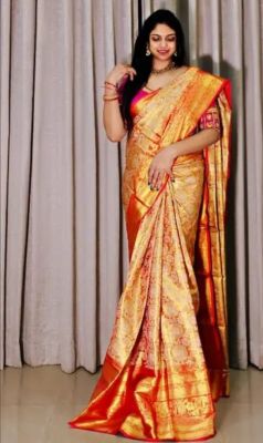 Golden Pure Handloom Banarasi Silk Saree From Banaras