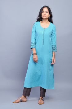 Blue A-line Cotton Handpainted Kurta