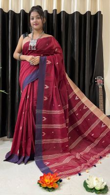 Red Wine Pure Handloom Silk Cotton Saree From Bengal