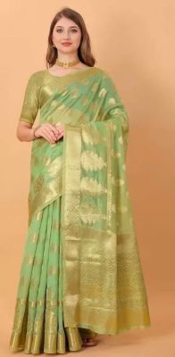 Green Pure Handloom Chanderi Silk Saree From Banaras
