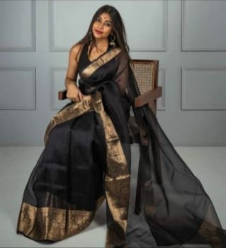 Black Plain Body Pure Handloom Organza Saree