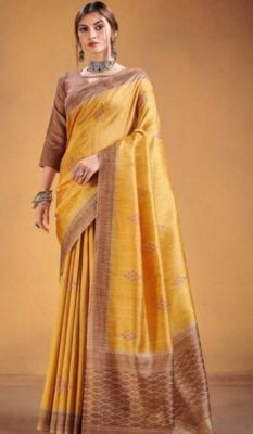 Yellow Pure Handloom Tussar Silk Saree From Banaras