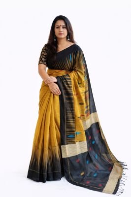 Mustard Ikkat Silk Cotton Saree From Bengal