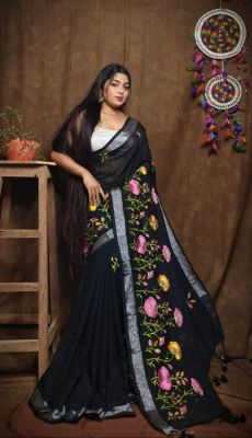 Black Pure Handloom Silk Cotton Saree From Bengal