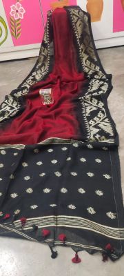 Multi Colour Pure Handloom Linen By Linen Saree From Bengal