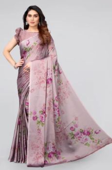 Pinkish Gray Pure Handloom Chiffon Flower Design Saree