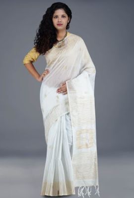 White Pure Handloom Silk Cotton Saree From Bengal