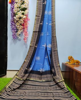 Light Blue Black Hand Block Printed Pure Handloom Chiffon Silk Saree