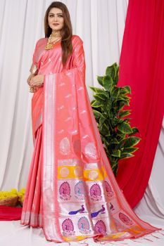Pink Peacock Design Rich Pallu Meenakari Work Paithani Soft Silk Saree