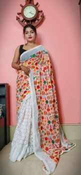 White Pure Handloom Flower Design Saree
