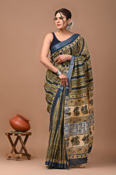 Olive Green Pure Handloom Linen Cotton Saree From Bihar