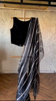 Black Leaf Thread Cutwork Pure Organza Tissue Silk Saree