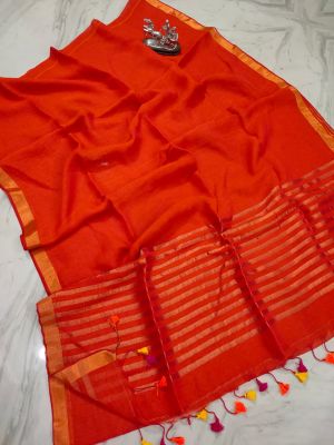 Red Orange Pure Handloom Linen By Linen Saree From Bengal