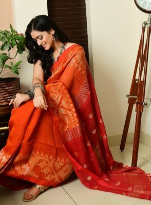 Red Orange Pure Handloom Linen By Linen Saree From Bengal