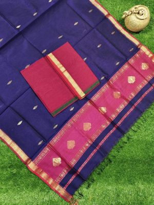 Navy Blue Pure Handloom Maheshwari Silk Cotton Saree From Bengal