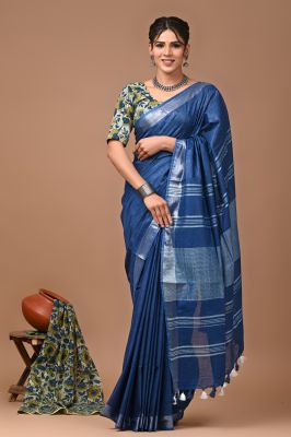Navy Blue Pure Handloom Linen By Linen Saree From Bengal