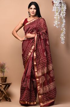 Brown Maheshwari Silk Saree From Rajshthan
