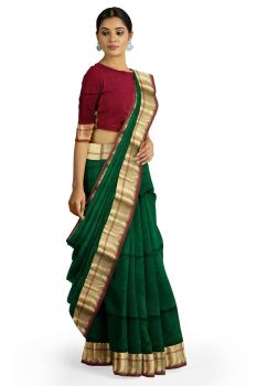 Dark Green & Red Maheshwari Handlooms Traditional Design Zari Border Saree