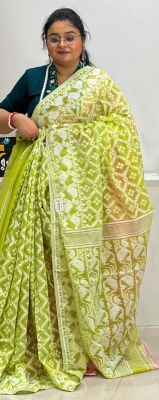 Parrot Green Pure Handloom Dhakai Jamdani Saree From Bengal