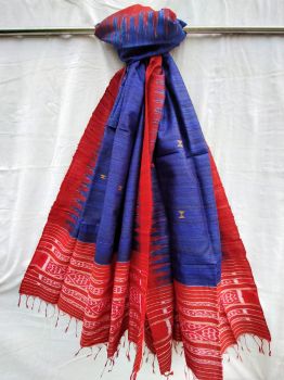 Red & Blue Bandha Temple design Tussar ghicha silk dupatta