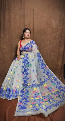 Gray Pure Handloom Dhakai Jamdani Saree From Bengal