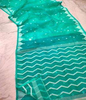 Light Green Pure Handloom Resham Cotton Saree From Bengal