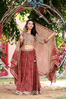 Red Cream Hand Block Printed Cotton Top Skirt With Dupatta