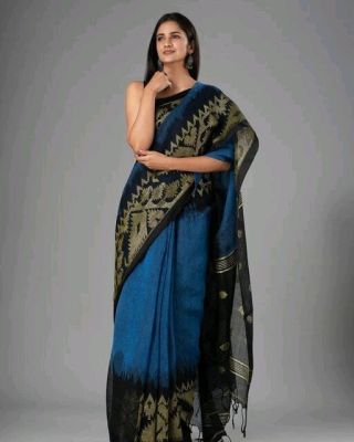 Teal Black Pure Handloom Linen By Linen Saree From Bengal