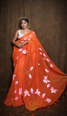 Sunrise Orange Pure Handloom Cotton Saree From Bengal