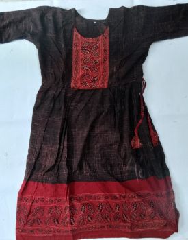 Black Red Pure Handloom Cotton Mulmul Frock From Bengal