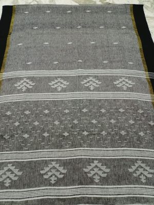 Gray Pure Handloom Linen By Linen Saree From Bengal