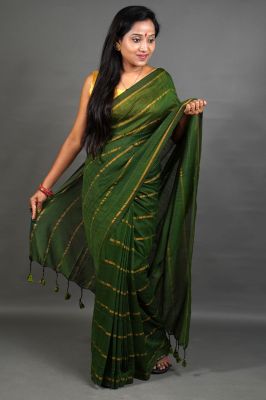 Dark Green Pure Handloom Cotton Saree From Bengal