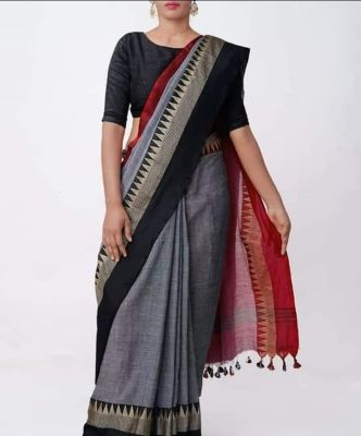 Gray Pure Handloom Cotton Saree From Bengal