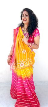 Yellow Pink Flower Design Hand Katdana Zari WivesWork Georgette Saree