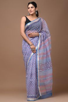 Grey Blue Kota Doriya Printed Leaf Design Saree