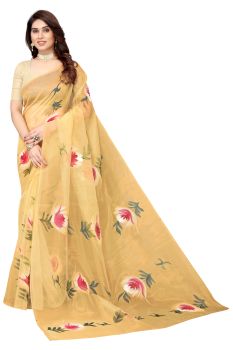 Beige Organza Hand Painted Floral Pattern Saree