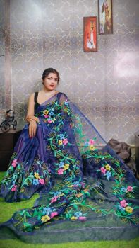 Royal Blue Hand Printed Pure Handloom Organza Saree
