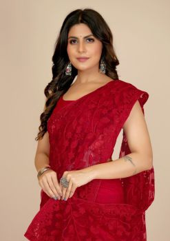 Red Flower Design Embroidery Work Net Saree