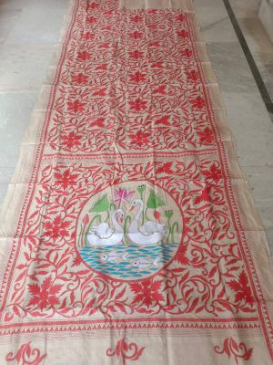 Red Pure Handloom Kantha Silk Saree From Bengal