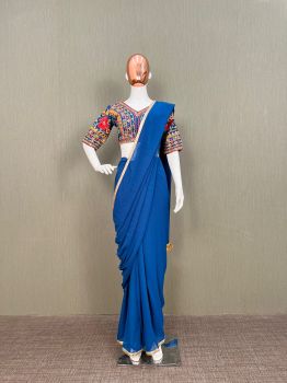 Blue Plain Body Sequence Embroidery Work Georgette Saree