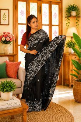 Black Pure Semi Silk Kanthastitch Saree From Bengal