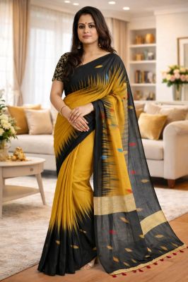 Women's Wear Yellow Black Ikkat Silk Cotton Pure Handloom Saree From Bengal