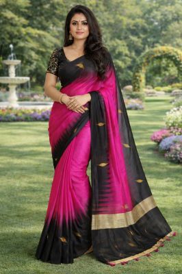 Women's Wear Pink Black Ikkat Silk Cotton Pure Handloom Saree From Bengal