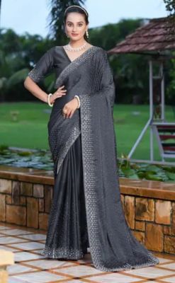 Charcoal Gray Pure Handloom Georgette Saree From Banaras