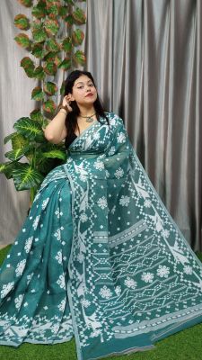 Teal Green Pure Handloom Dhakai Jamdani Saree From Bengal
