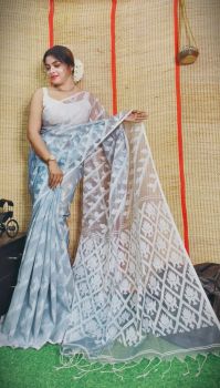Light Grey Flower Design Pure Handloom Resham Cotton Saree