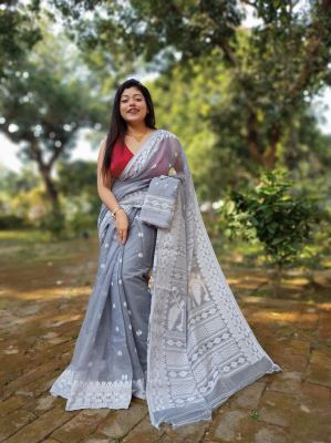 Gray Pure Handloom Dhakai Jamdani Saree From Bengal