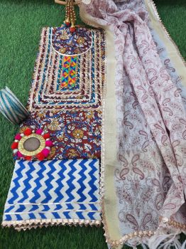 Multicolour Printed Cotton Gota Detailing Suit With Chiffon Dupatta
