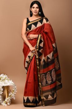 Brick Red Maheshwari Silk Saree From Rajshthan