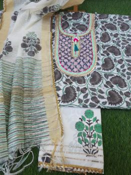 Cream Printed Cotton Gota Detailing Suit With Chiffon Dupatta